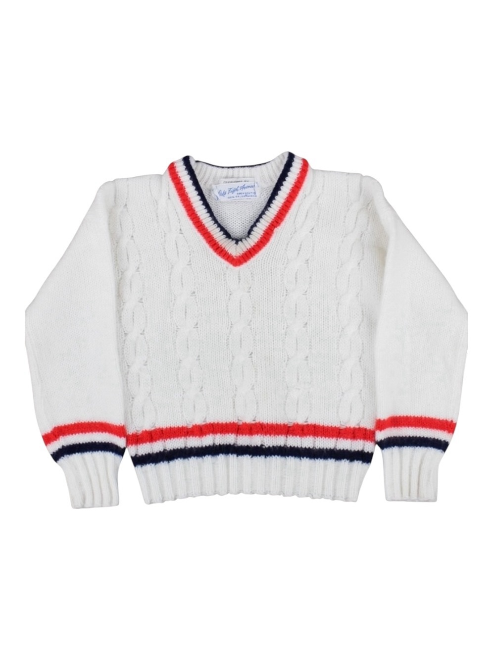 Vintage Saks Fifth Avenue Baby Cable Knit Sweater White V Neck Striped Trim 3mo